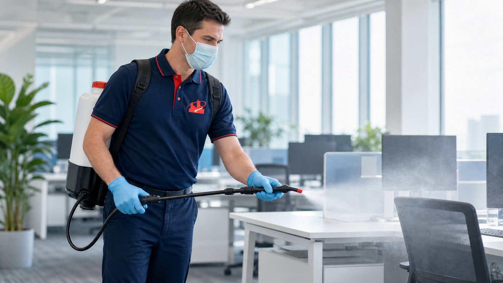Electrostatic disinfection spraying in a commercial office