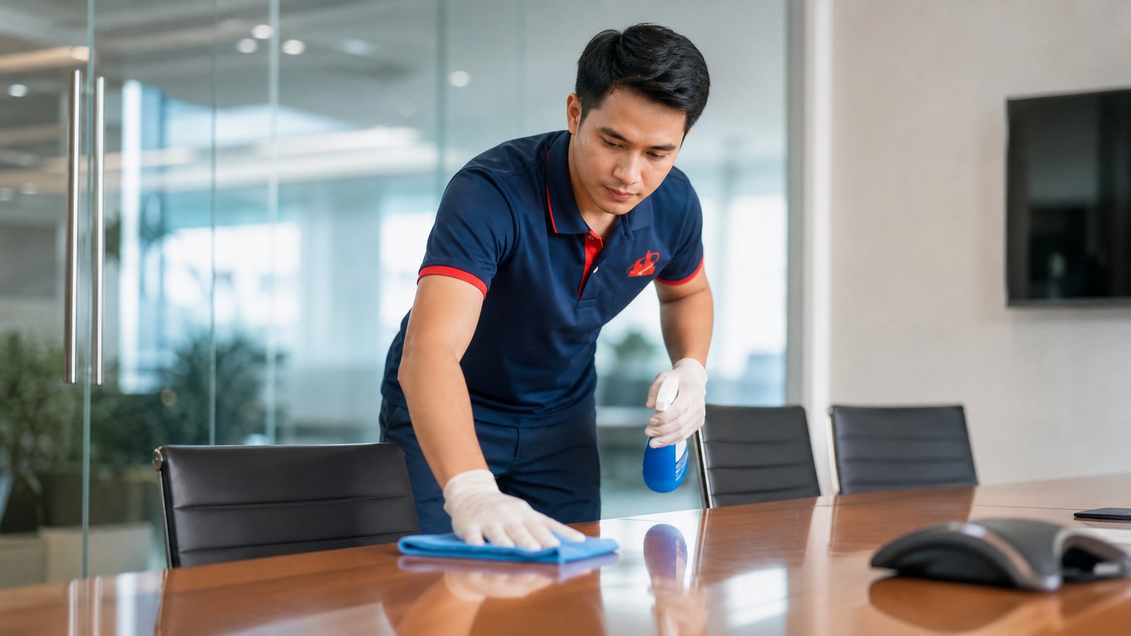 Office Care specialist performing daily janitorial cleaning