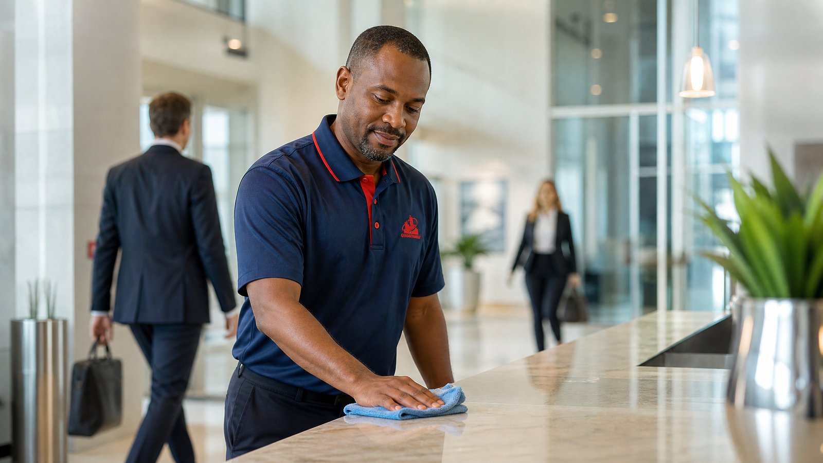 Day porter service maintaining a corporate lobby